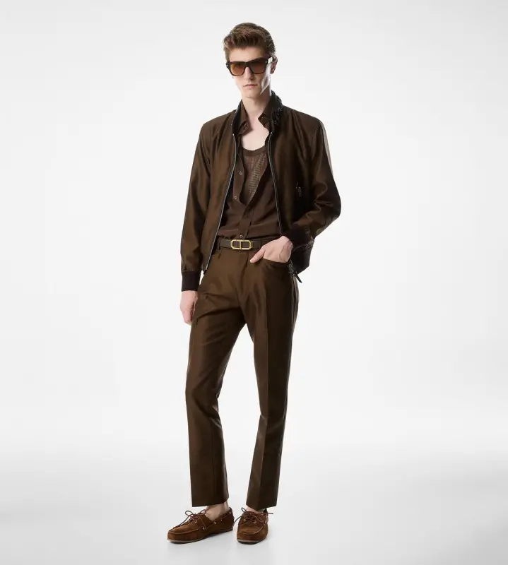 WOOL SILK FAILLE BIKER JACKET CIGAR online